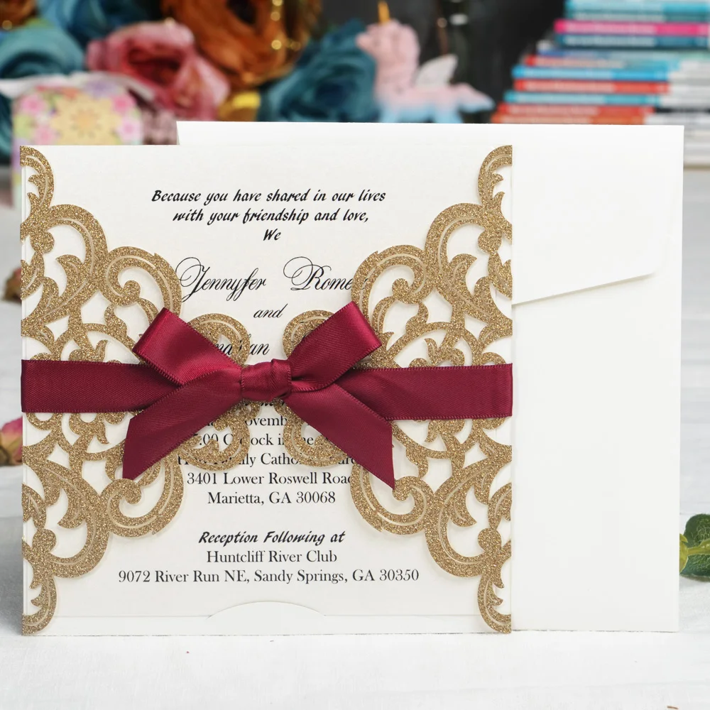 100 шт блестящая лазерная резка для свадьбы Пригласительные открытки с бордовой