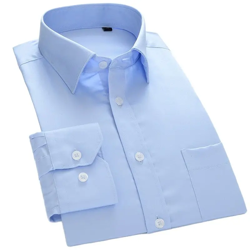 100% Mercerized Cotton Men Dress Shirts Business Long Sleeve Solid Slim Fit Formal Shirt Mens White Ligh Blue With Pocket Soft