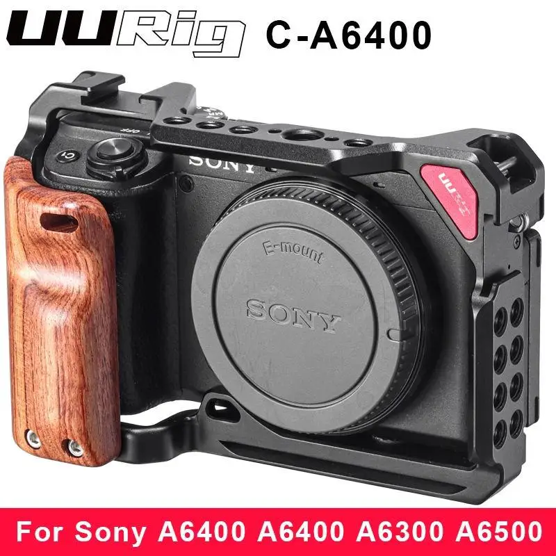 

UURig Metal Cage Case for Sony A6400 A6300 A6100 A650 with Wooden Handle Cold Shoe 1/4 Screw 3/8 Screw for Microphone LED Light