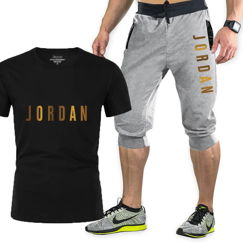 

2021 fashion new summer trend men's personality fashion print sporty short sleeve T-shirt + sporty casual shorts 2 sets