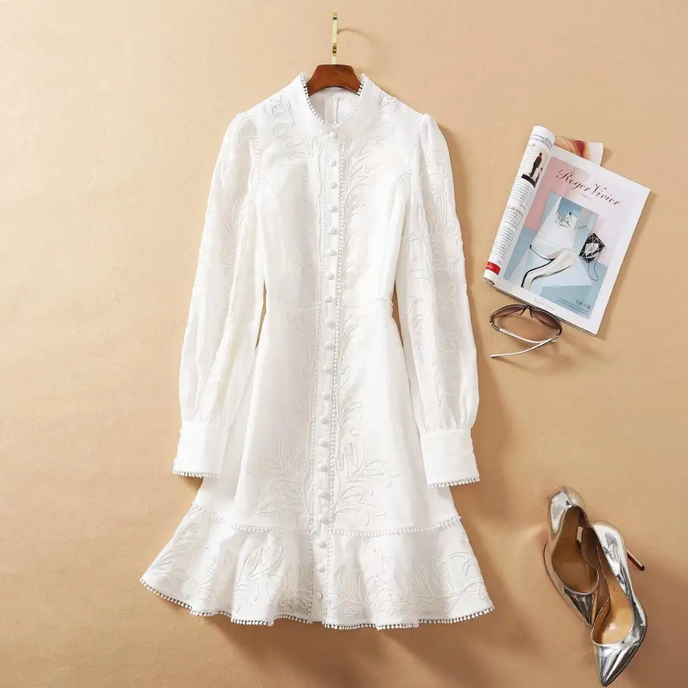 

and American European women's clothing 2021 The new spring Embroidery with long sleeves and stand collar Fashion fishtail dress