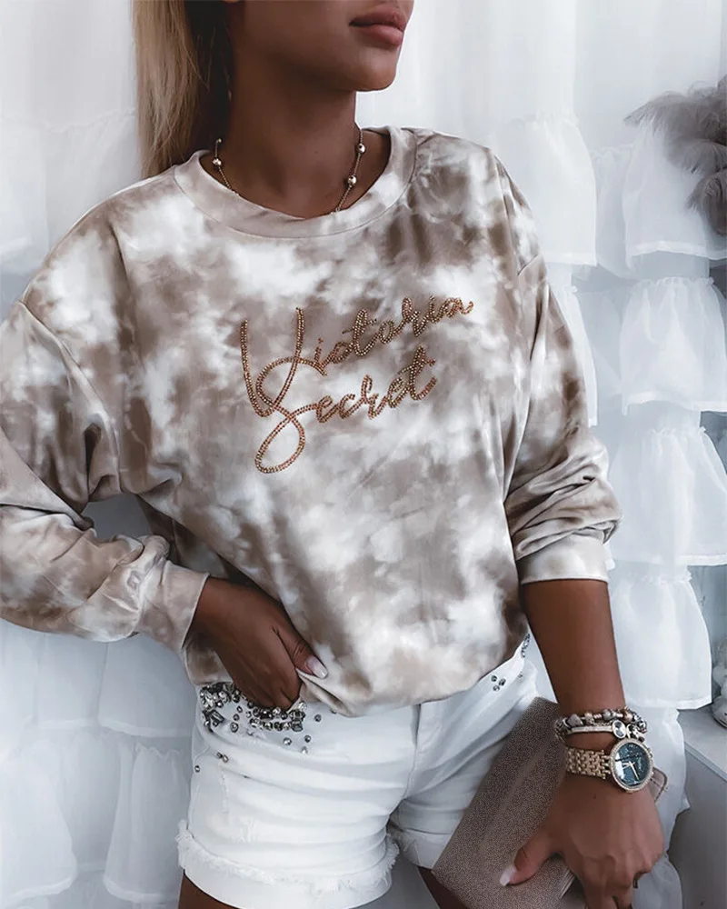 

Casual Tie Dye Print Studded Letter Pattern Long Sleeve Tops Women 2021 Autumn New Office Lady Long Sleeve Pullover Top