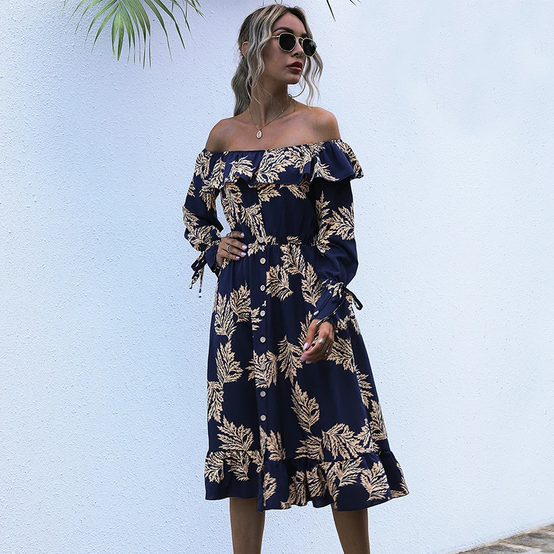 

Sexy Slash Neck Print Dress Women Casual High Waist Ruffles Autumn Winter Button The Shoulder Dress For Women 2021 New