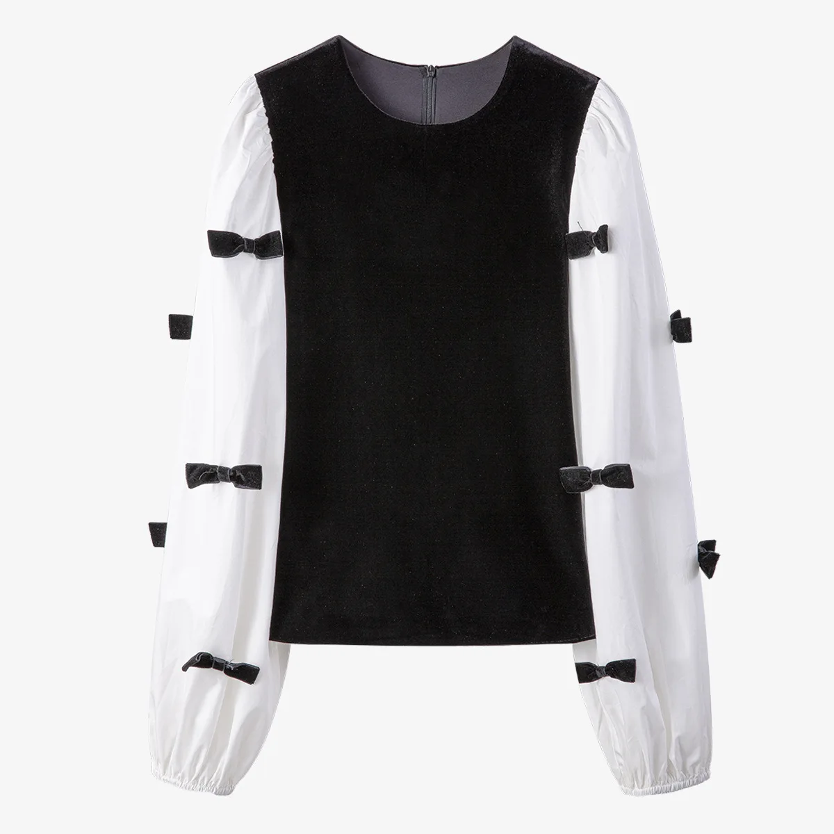 

2021 Spring Round Neck Splicing Bow Decoration Long Sleeve Color Contrast Women Blouse Casual Fashion Tops F01