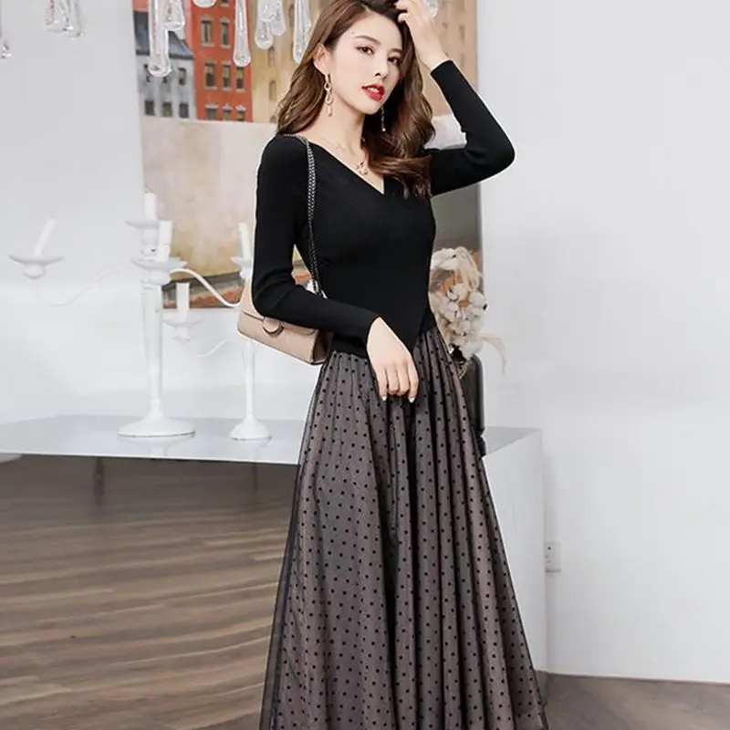 Timis Li/длинные платья трикотажный топ с кружевным пухом и длинным рукавом