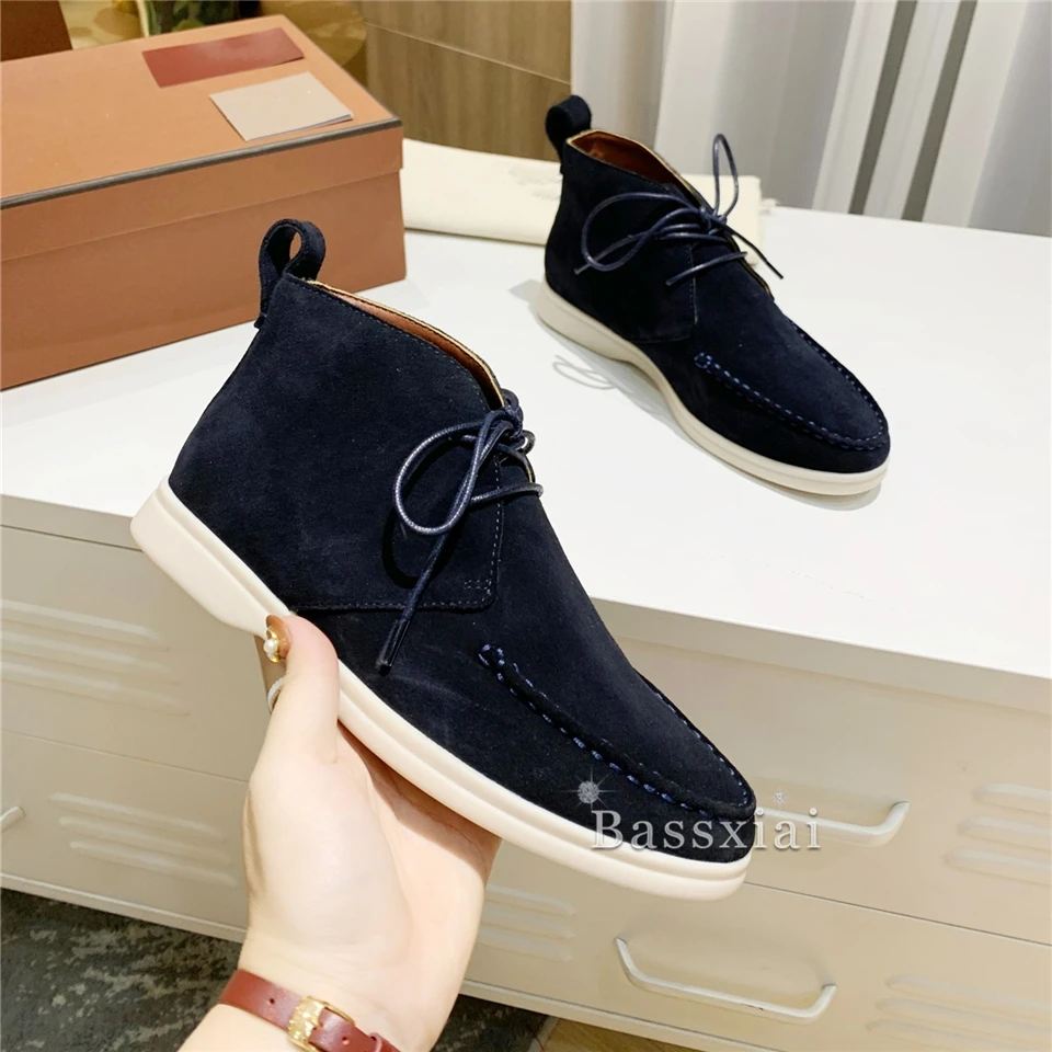 Murah Chic Desain Jahit Suede Landasan Pacu Sepatu Wanita Cross-Tied Flat Tumit Tinggi Sepatu Musim Gugur Musim Dingin Pendek Booties Untuk Wanita