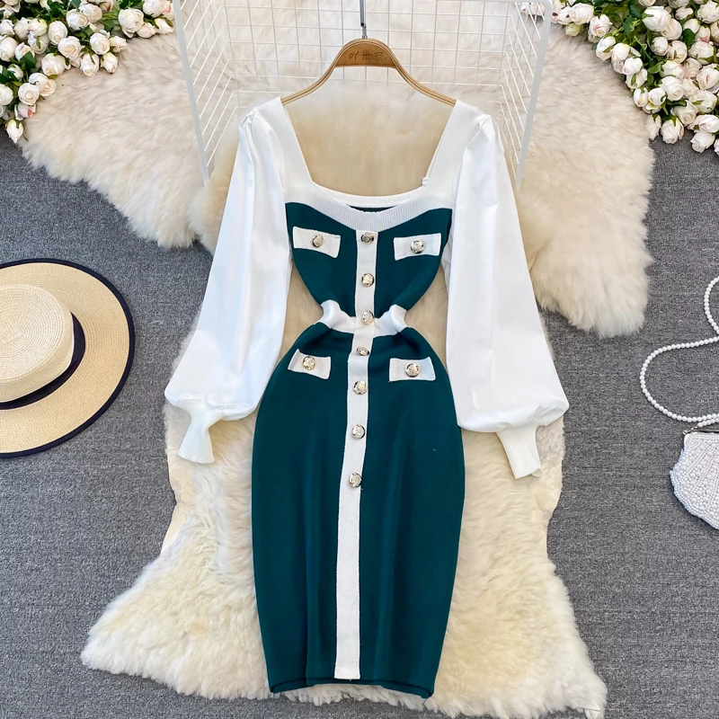 

Sexy Bodycon Sweater Dress Female Long Sleeve Square Collar Elastic Slim Dresses Autumn Winter Fashion Knitted Dress New