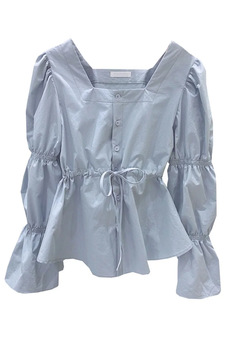 

SuperAen 2021 Spring New Loose Draw Rope Waist Square Collar Solid Full Shirts Womens Tops