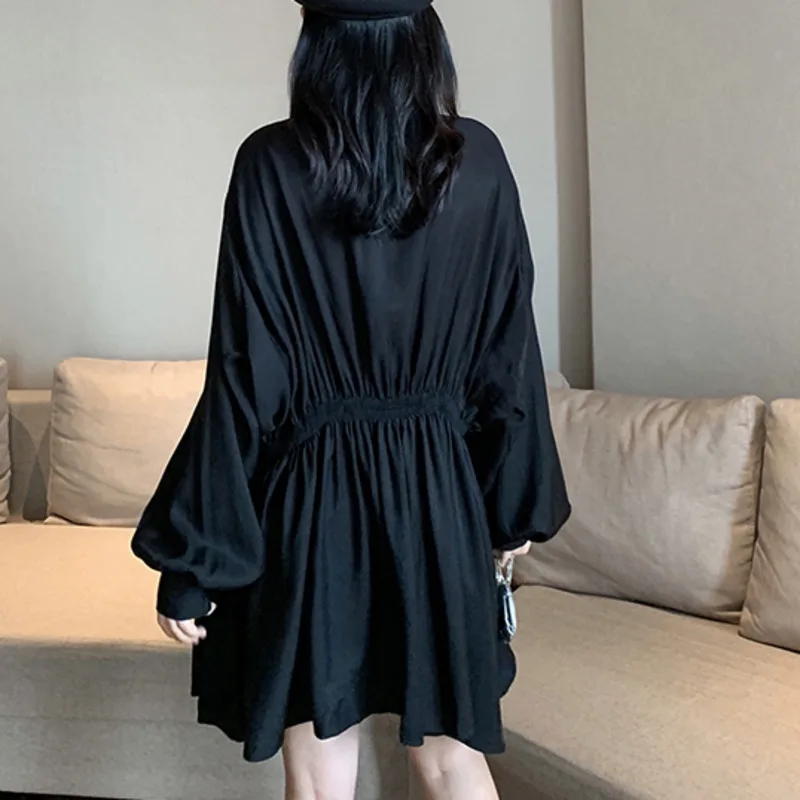 

2021 Spring Solid Long Sleeve A-Line Lantern Sleeve Shirt Sweet Ladies Style High Waist Button Loose Dress Vestido De Mujer