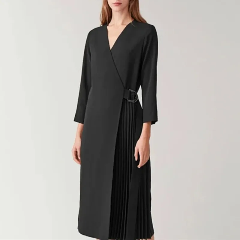 Весна 2020 женское черное платье с запахом Плиссированное v образным вырезом