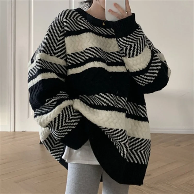 

Женский вязаный свитер в полоску, Свободный Повседневный теплый пуловер большого размера, Осень-зима