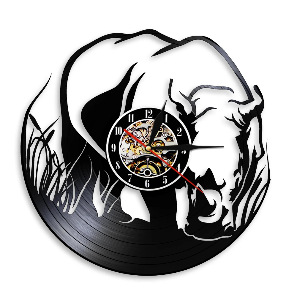 Rhinoceros Wild Animals Nursery Decorative LED Wall Watch Zoo Wildlife African Jungle Rhino Laser Cut Vinyl LP Record Wall Clock