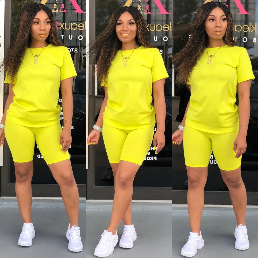 

Fashing Solid Causal Two Piece Set Women Clothing Round Neck Long Sleeve T Shirt and Bodycon Biker Shorts Plus Size 2 Pcs Outfit