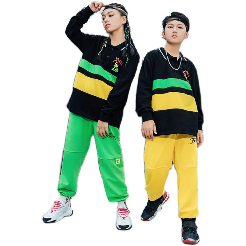 

Hip Hop Kids Street Dancing Cosutme Loose Practice Clothes Green Trousers Girls Hiphop Outfit Ballroom Jazz Show Costume VDB2713