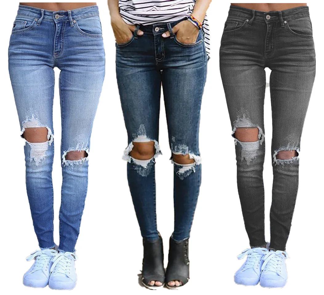 

Womens Skinny Jeans Knee Hole Distressed Jeans for Woman Spodnie Denim Damskie Streetwear Mid Waist Ripped Vintage Ropa Mujer