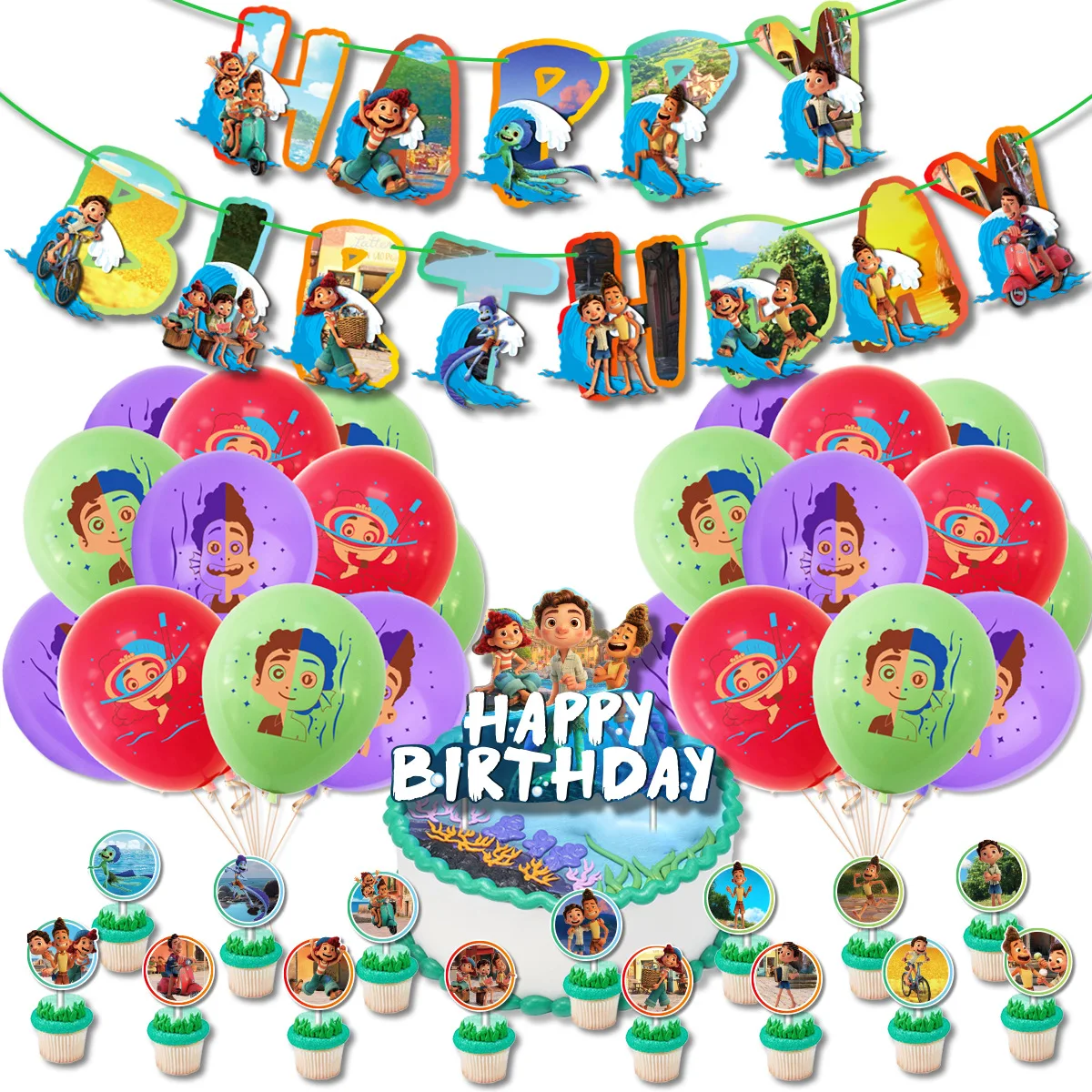 Disney Anime Summer Friends Sunny Luca Theme Party Decoration Children's Birthday Gift Surprise Favorite Cake Insert Balloon Set