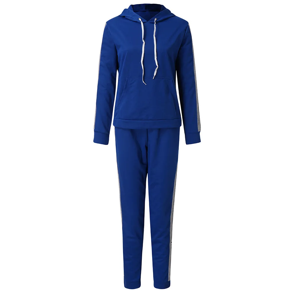 

Fashion Autumn Women Hoodies Stripe Solid Color Long Sleeve Pullove Sport Tops Long Pants Set Ladies Clothes Sport Sweatshirt
