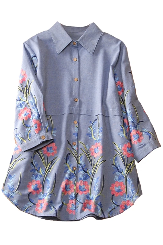 

Summer New 2020 Shirts Women Cotton Wild Embroidery Wild Causal Ladies Blouses and Tops Three-Quarter Sleeve Women Clothing