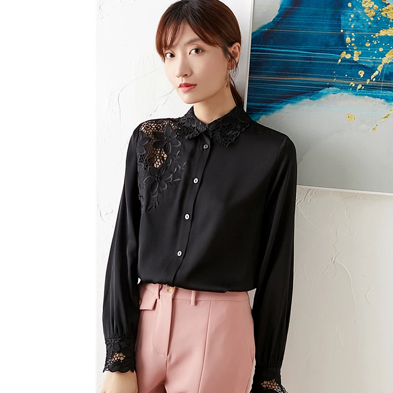 Silk Blouse Women Shirt Casual Style 93% Silk Solid Embroidery Turn-down Neck Long Sleeves Graceful Style New Fashion