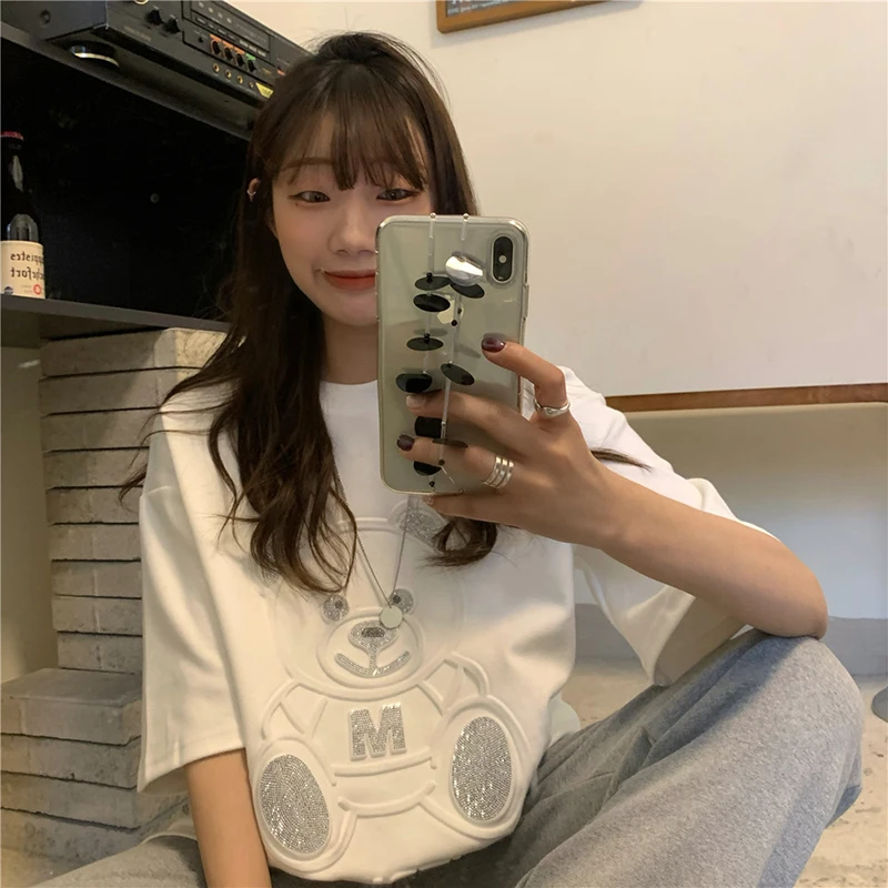 

YTX1337 2021 new loose mid-length design hot diamond bear fashion short-sleeved T-shirt