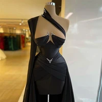 black fashion elegant prom dress single long sleeves crystal long train women satin evening cocktail gowns plus size custom made
