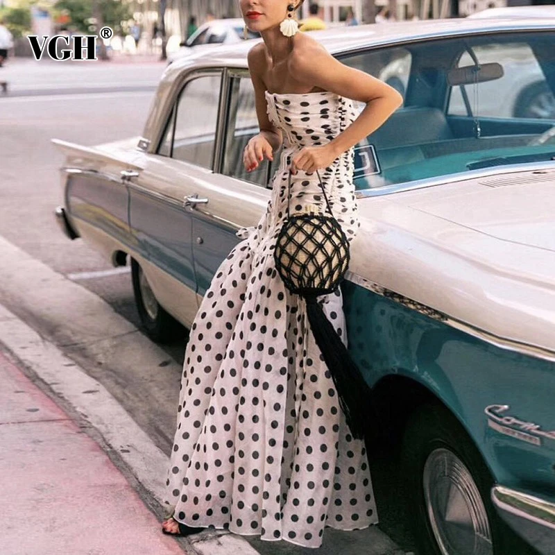 Женское длинное платье в горошек VGH элегантное без бретелек с высокой талией