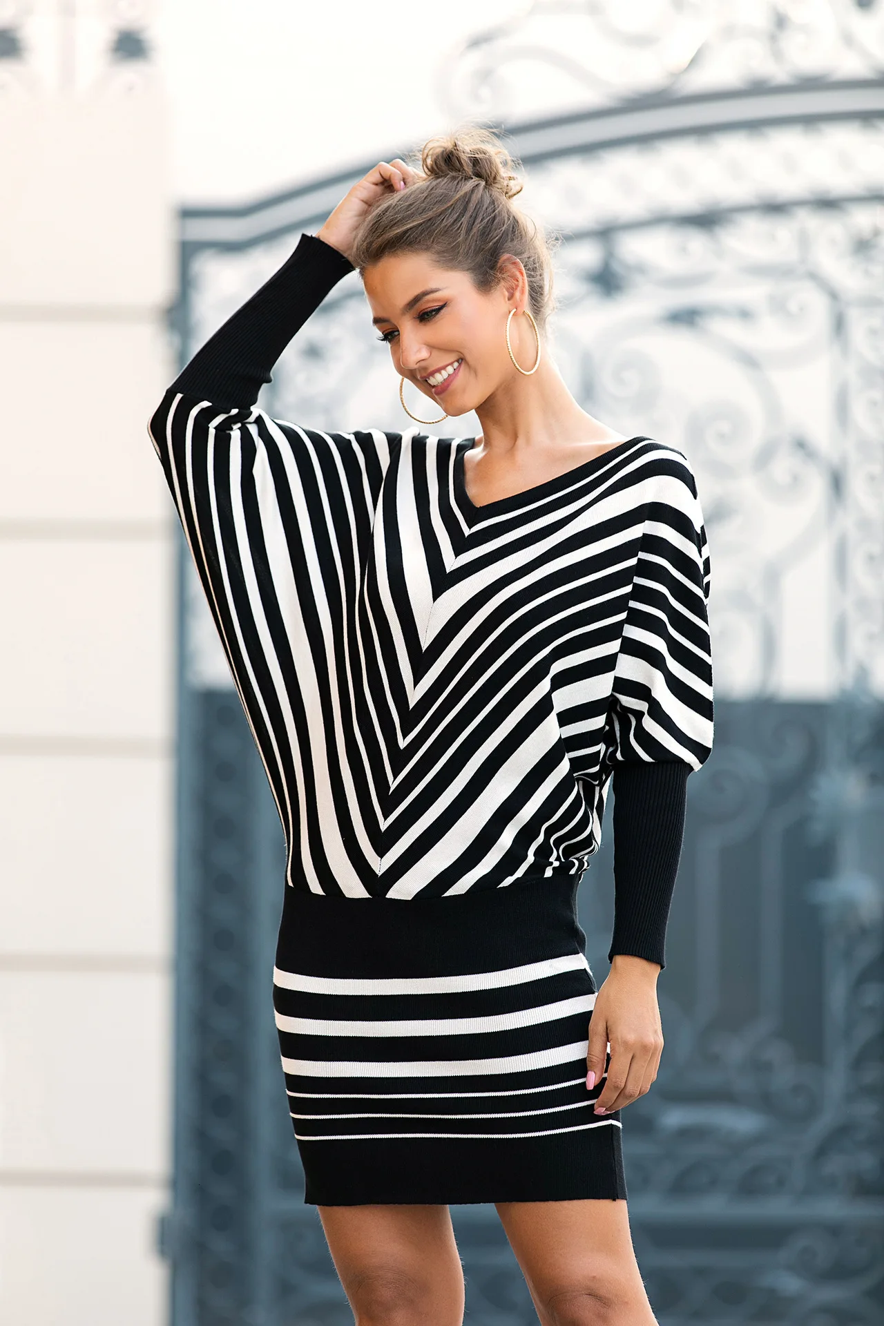 Bat Long Sleeve Casual Knitted Dress Autumn Winter V Neck Warm Bodycon Mini Office lady Zebra Striped Black Women | Женская одежда