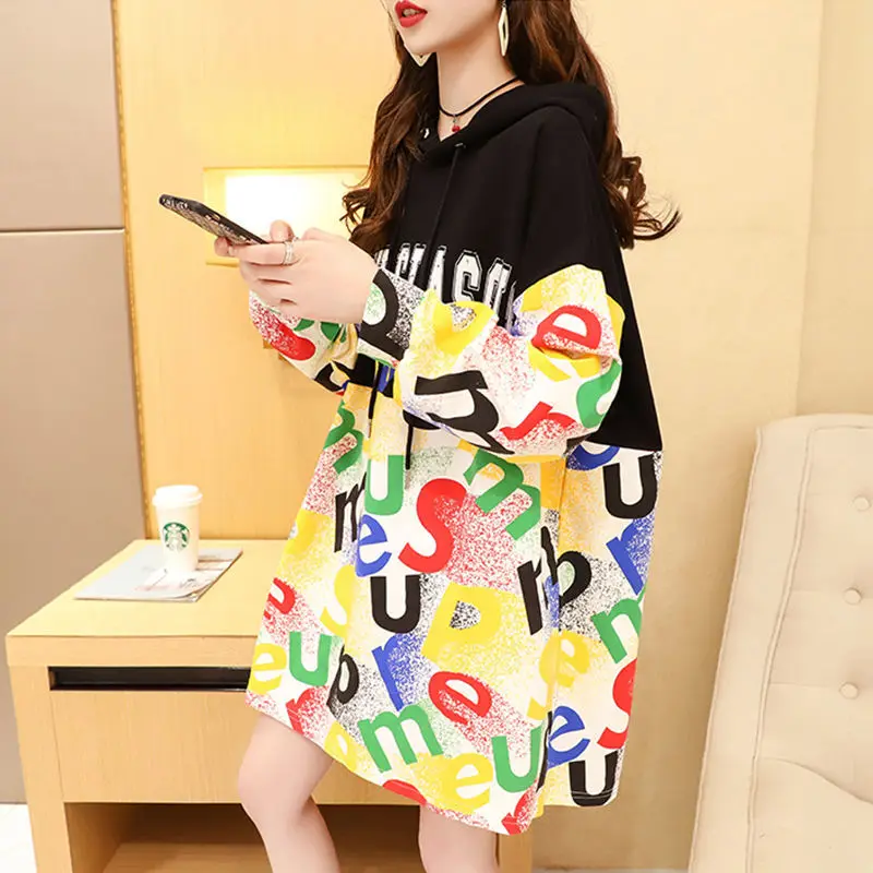 

Cotton Hooded Hoodies Sweatshirts women's medium length loose stitching Hoodies letter pattern lazy trend casual coat