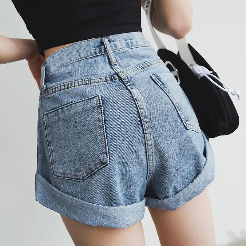 

2021 Real Cotton Polyester Regular Casual Hollow Out Shorts Women Short Jeans High Waist Elastic Flanging Wide Leg New Shorts