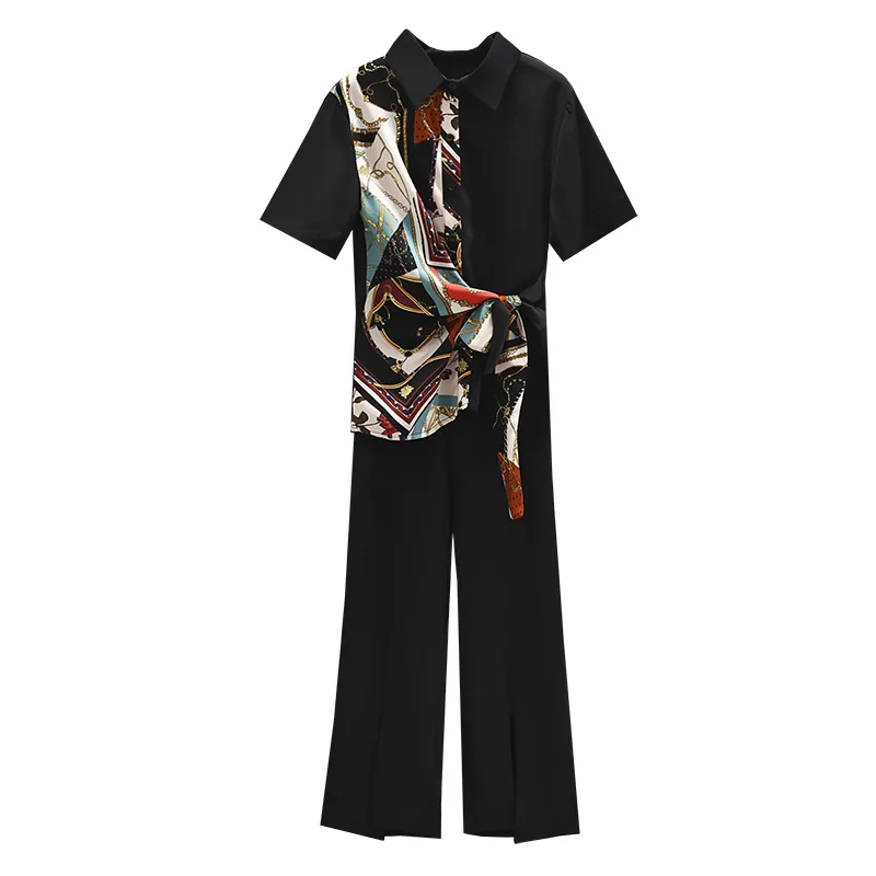 

Plus Size 2021 New Summer Office Lady Suit Floral Shirt Top And Flares Pant Two-piece Women Matching Set Smart Black Outfits