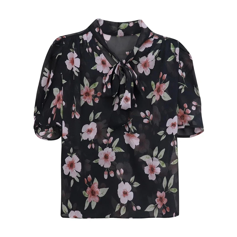 

Bowknot Floral Temperament Short Sleeve Shirt Print Loose Chiffon Shirt Women's Thin Summer Sweet Casual Gentl Stylish Blouses