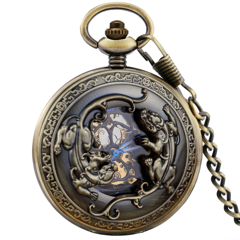 

Black/Silver/Bronze Engraved Mythical Wild Animal Carved Brave Troops Mechanical Hand Winding Pocket Watch FOB Chain Clock Gifts