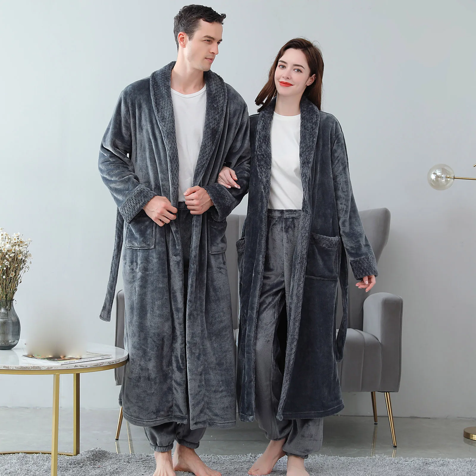 

Women Men 2-Piece Robe Sets Warm Winter Flannel Pajama Sets Couples Pajamas Long Sleeve Fleece Pijama Bathrobe Pants Unisex Cozy
