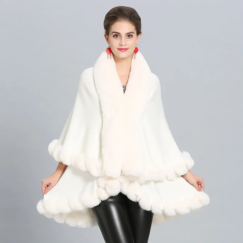

Autumn Winter Women Double Layers Plus Size Sweaters Shawl Knitted Poncho Cape Female Faux Fox Fur Cappa Loose Cardigan Cloak