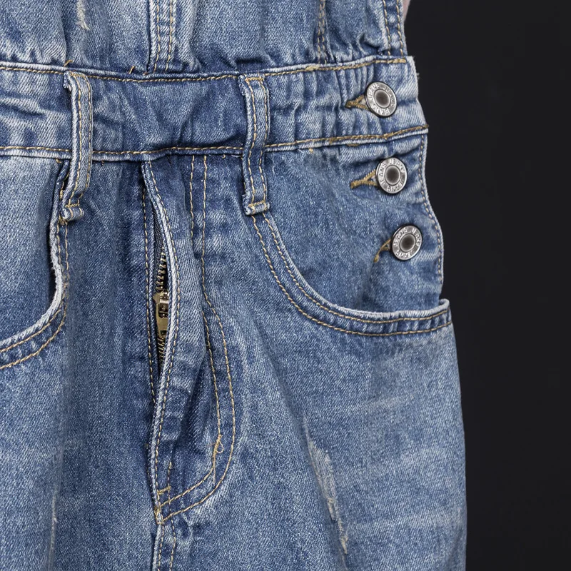 Summer Man Ripped Jeans Bib Overalls Ankle Length Straight Hip Hop Hole Denim Jumpsuits Trousers Leisure Tattered Cargo Pants