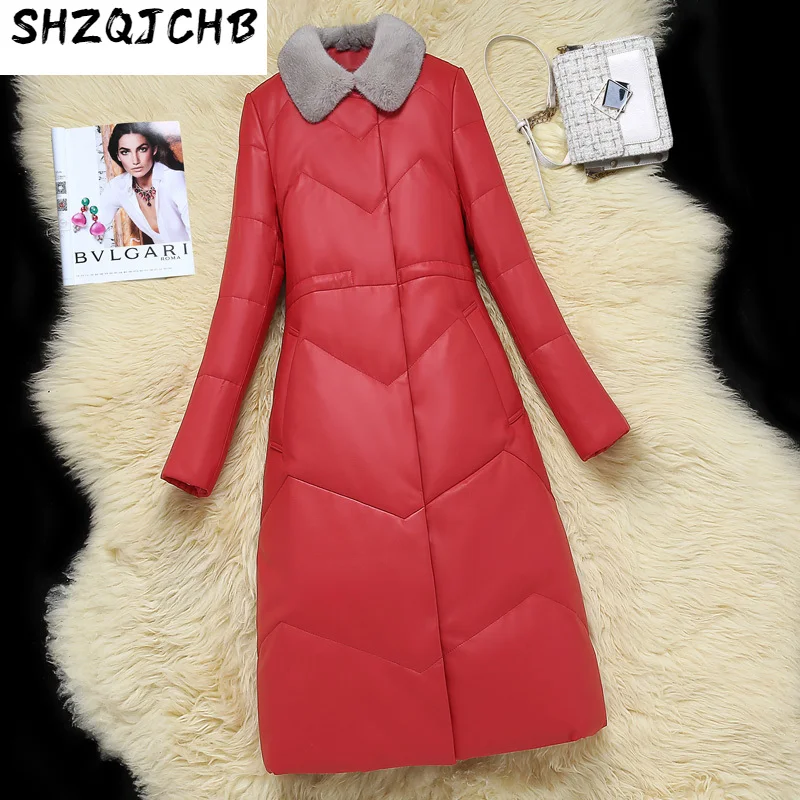 

Женский пуховик средней длины SHZQ, из хлопка и овечьей кожи с норковым воротником, облегающее кожаное пальто