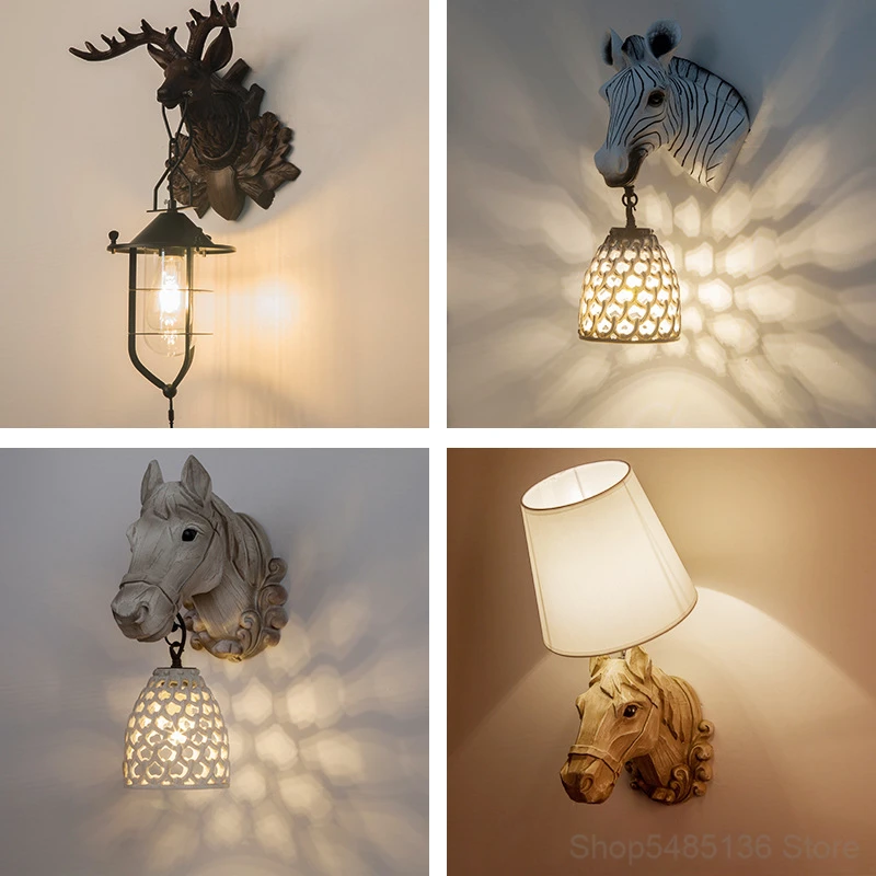 

European Style Retro Antler Horse Head Wall Lamp Personality Creative Living Room Dining Room Bar Villa Corridor Decorative Lamp