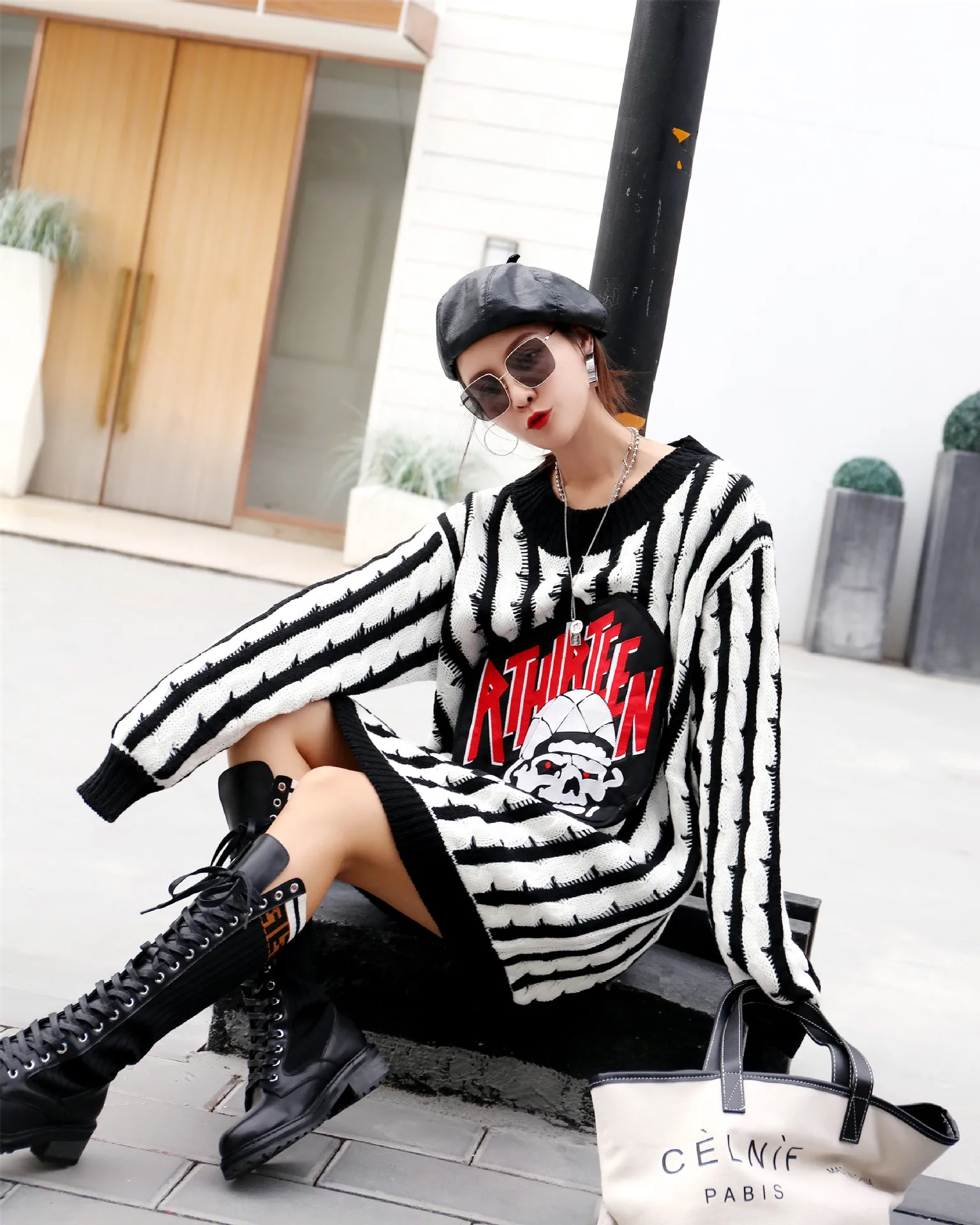 Мультяшные нашивки длинный стильный свитер женский уличный полосатый платье