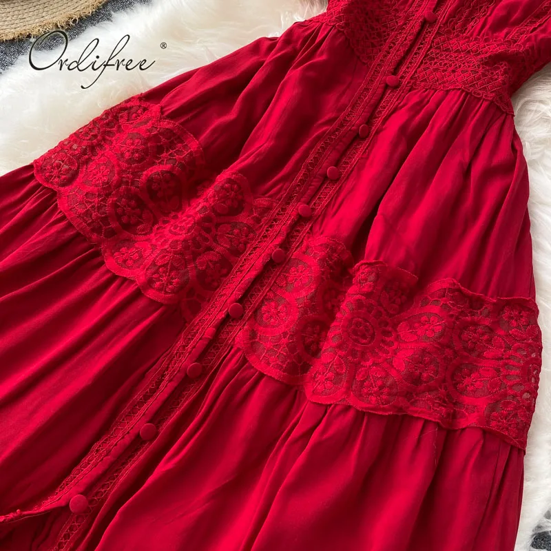 Женское длинное вечернее платье Ordifree Красное Белое Кружевное пляжное