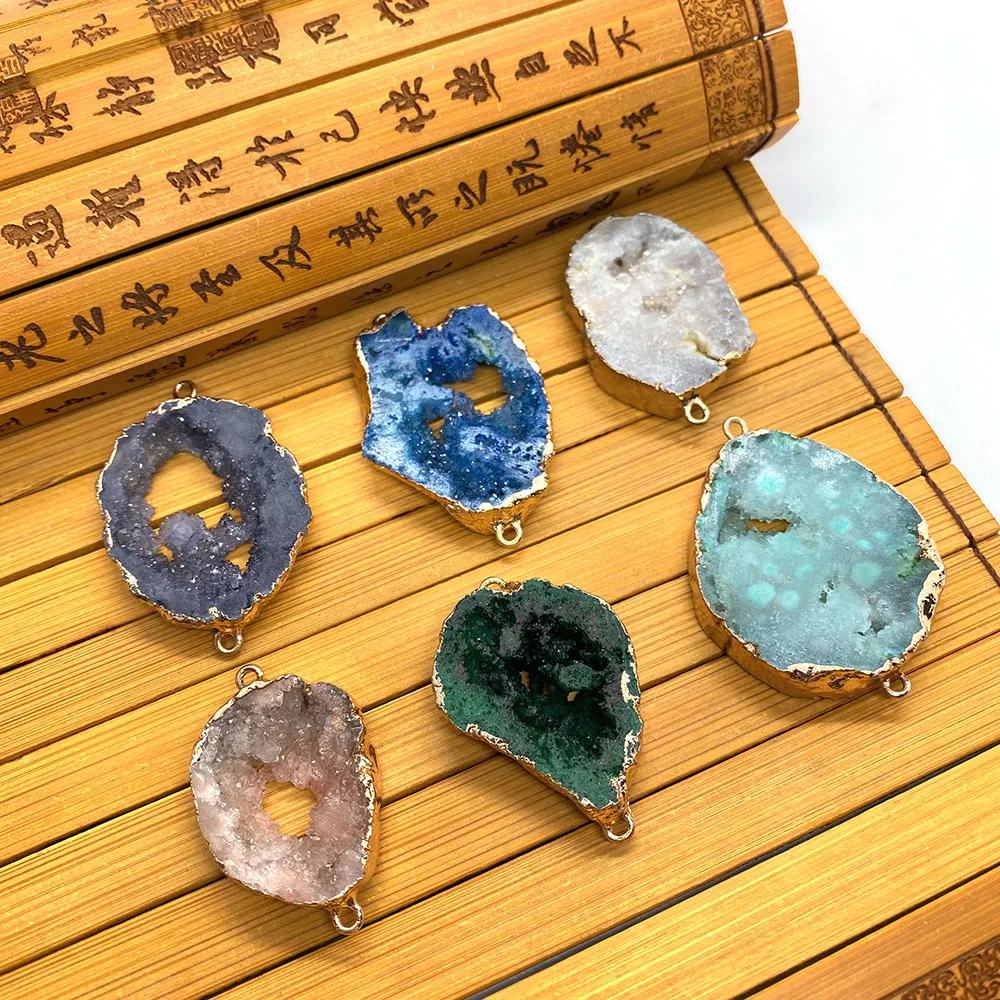 

Natural Stone Pendants Colored Irregular Shapes Crystal Gold Edging Double Holes Can Create Exquisite Jewelry Gifts and Crafts