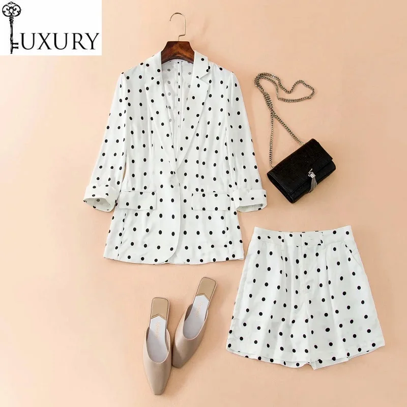 

Женский Повседневный костюм из двух предметов, пиджак с английским воротником и принтом в горошек и белые короткие костюмы, лето 2020