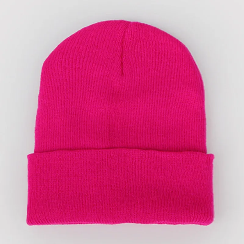 hot pink Женские Простые зимние шапочки теплые вязаные шапки для женщин и мужчин мягкие манжеты Skullies неоновый зеленый оранжевый желтый серый фиолетовый бежевый - Цвет: hot pink