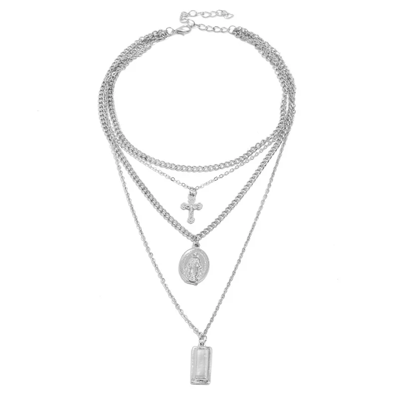 C1407-SILVER RscvonM крест девственные цепи Сплав Крест металлический стержень 4 слоя кулон ожерелье s богемные ювелирные изделия богиня католическая Чокер Ожерелье - Окраска металла: C1407-SILVER