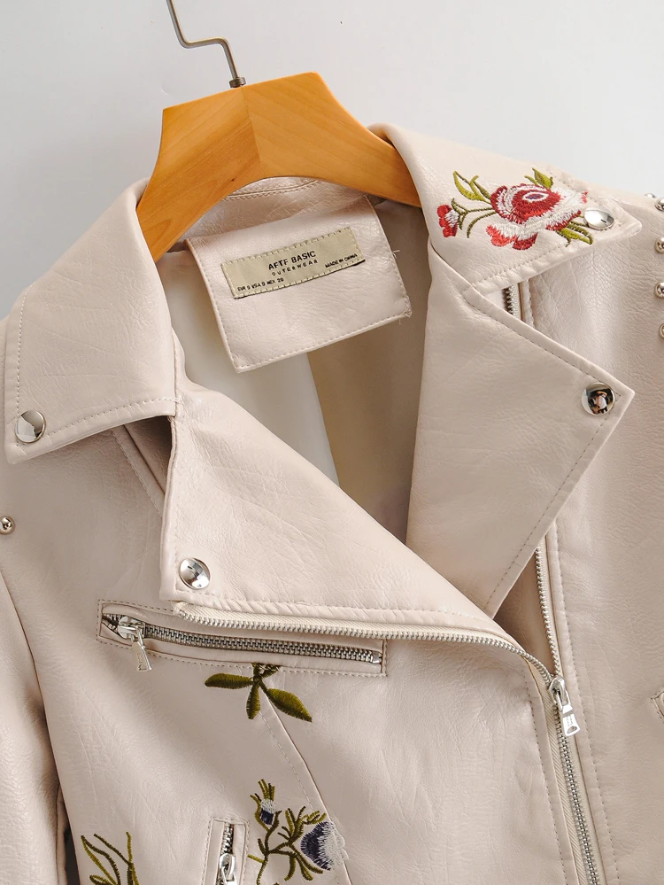 Spring Autumn Women PU Leather Jacket Fashion Embroidery Chic Rivets with Belt Biker Jackets Zippers Ladies Coats Outerwear