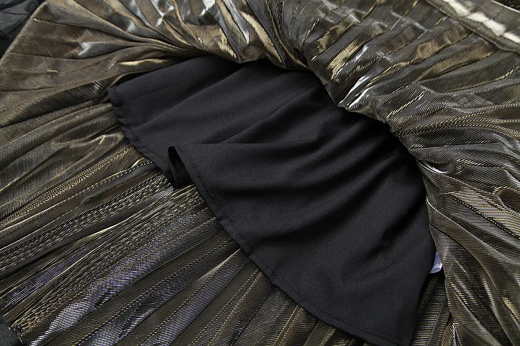 

Medium Long Knitted Women New Bright Silk Pleated Gold Silver Full Sleeve V-Neck Slim Party Dress Office Lady