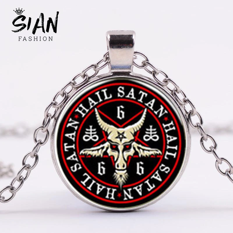 

SIAN Fashion Retro Pentagram Goat Head Necklace Pan God Skull Satanism Occult Glass Cabochon Pendant Punk Gothic Jewelry for Man