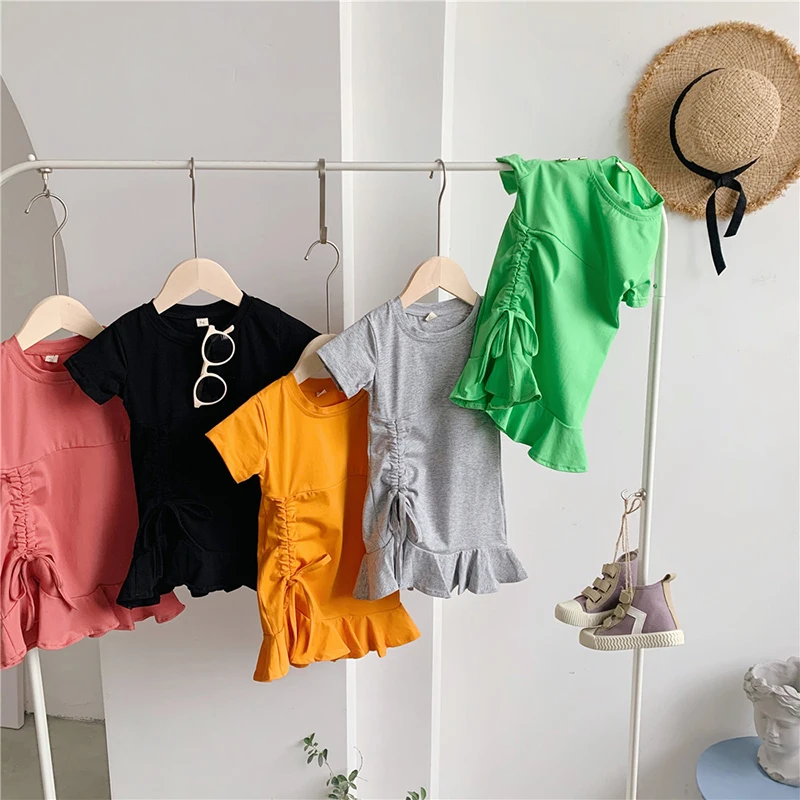 

2021 Mother And Daughter Summer Dress Korean Style GIrls Solid Party Suit Short Sleeve Family Matching Outffits