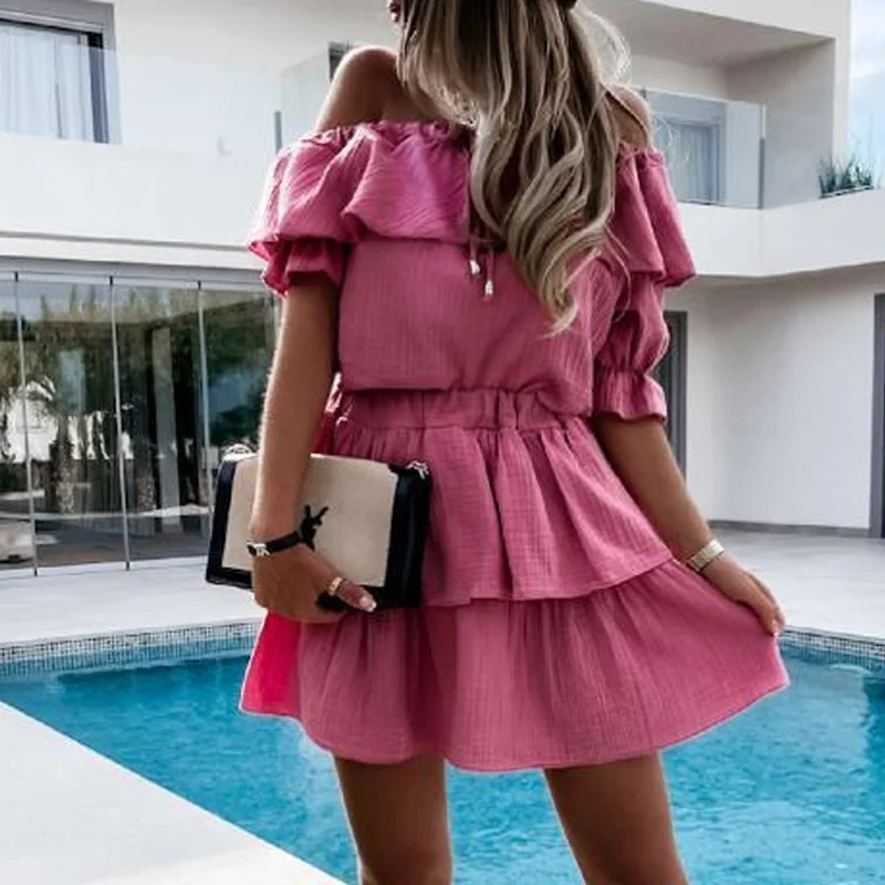 

Summer Sexy Off Shoulder Short Sleeve Dress Fashion Slash Neck Ruffle Mini Dresses Elegant Lace-Up Female Hollow Out Party Dress