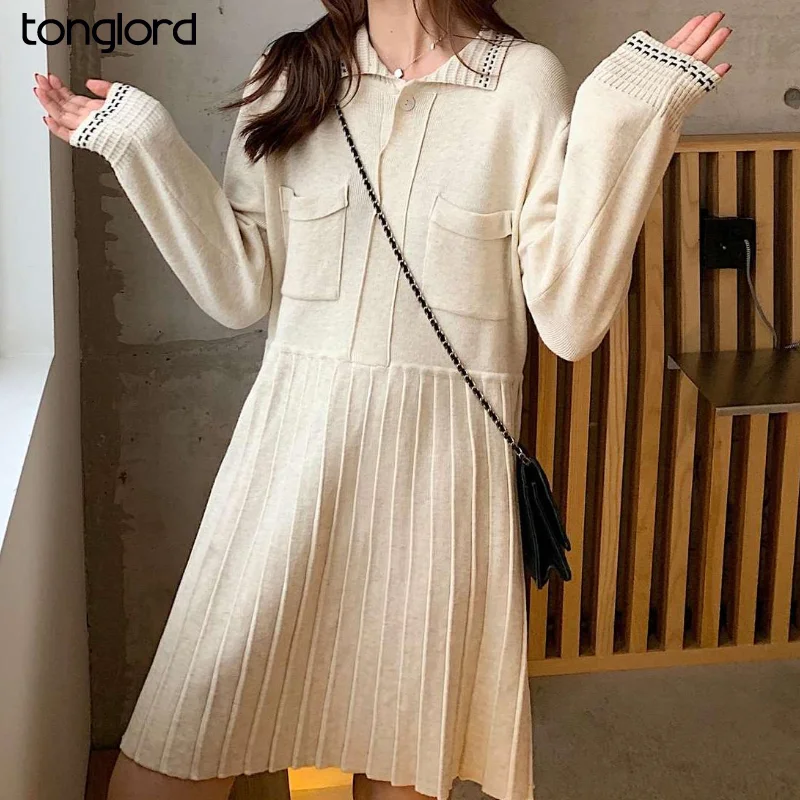 

Autumn Pleated Knitted Dress With Pockets For Women Long Sleeve Doll collar Sweater Dress Female Loose Midi Bottoming Dress 2021