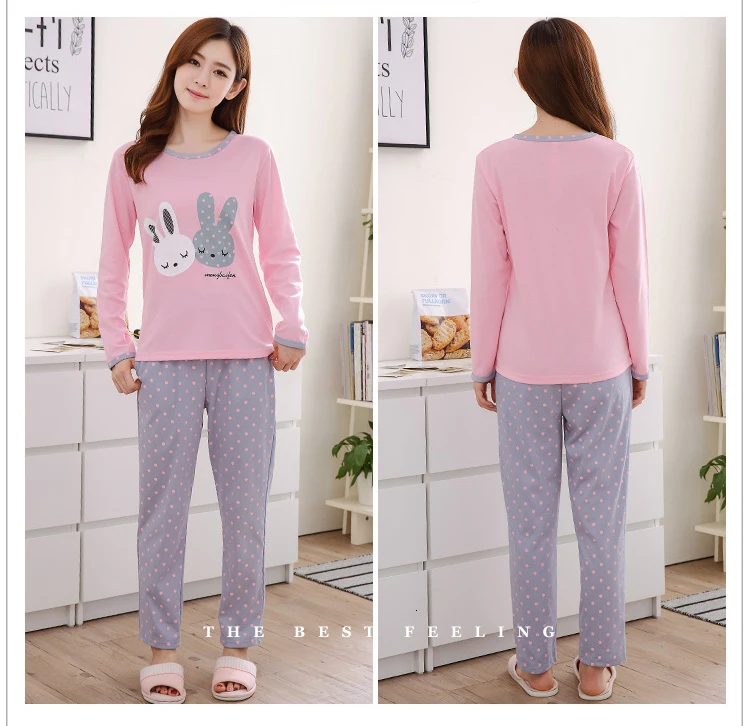 Пижамные комплекты для женщин с круглым вырезом Pijama Mujer пижама с длинным рукавом весенняя Хлопковая пижама Femme Повседневные наборы пижам комплект из двух предметов
